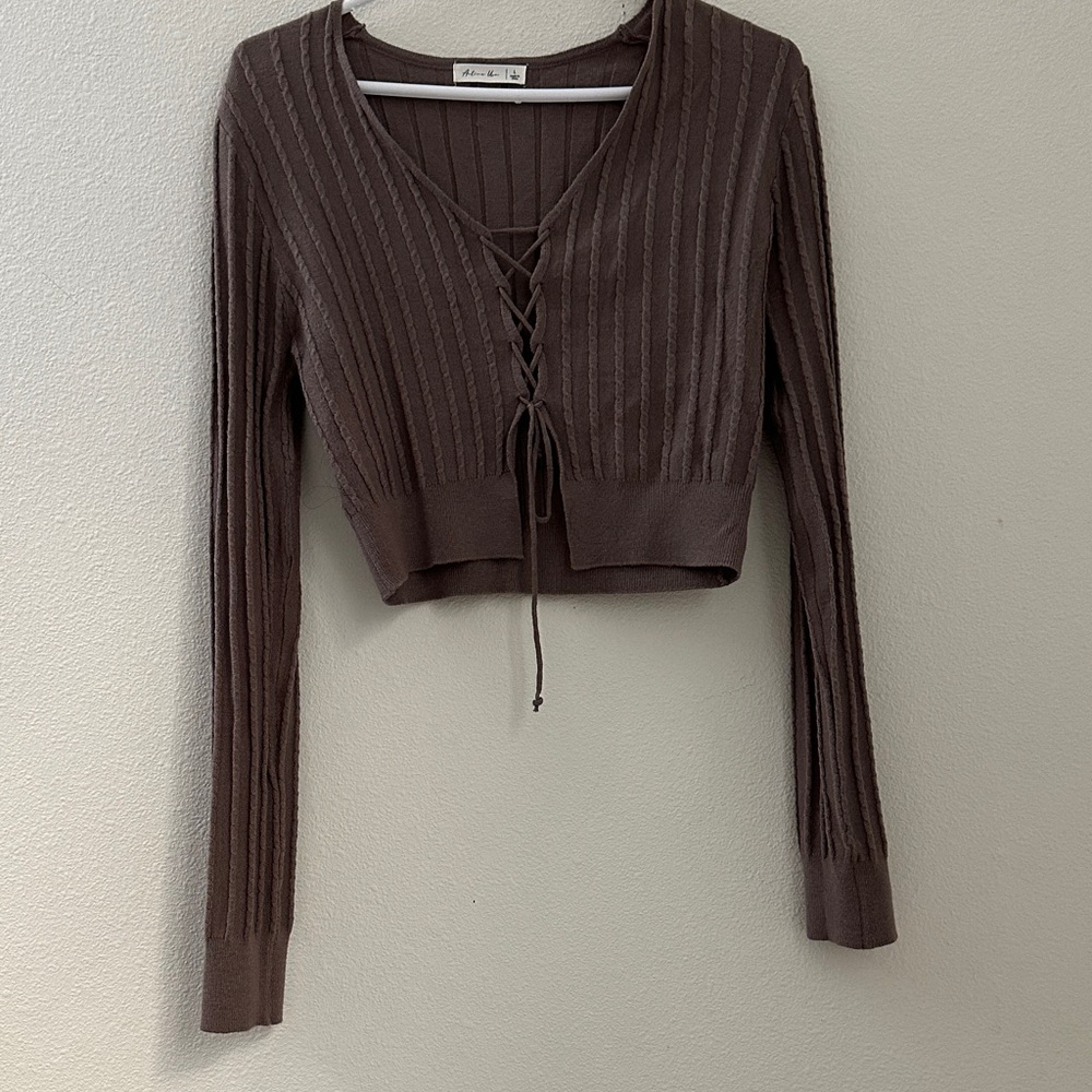 SHEIN Chocolate Lace-Up Ribbed Blouse